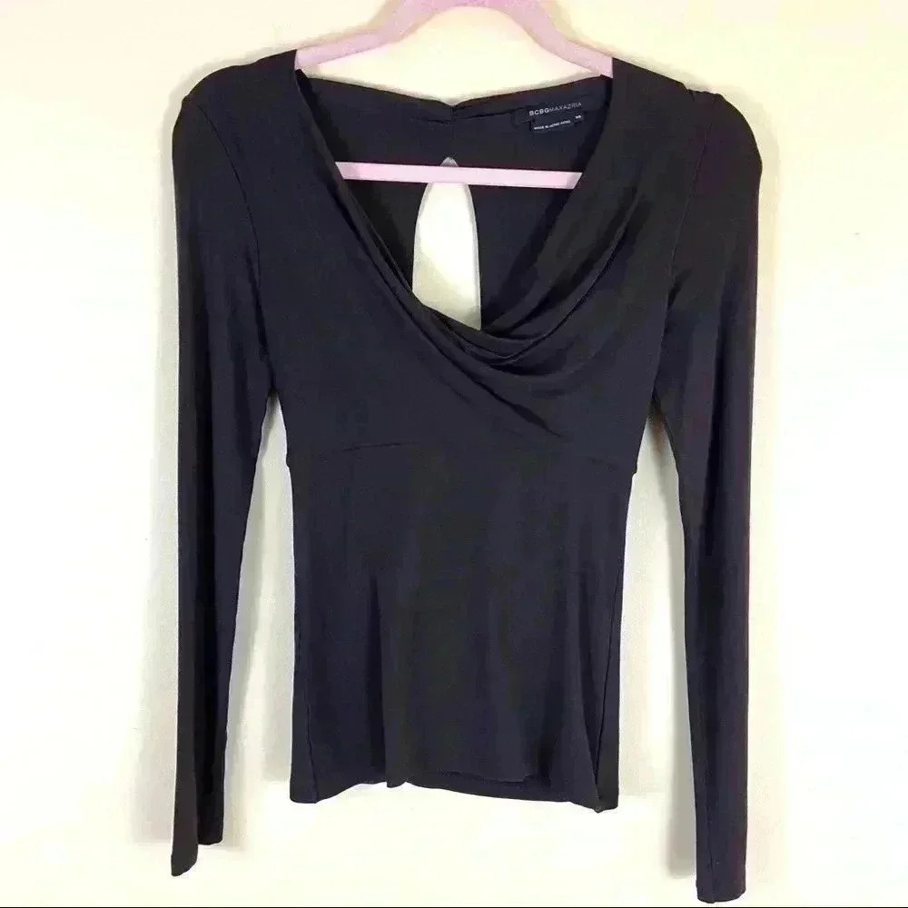 BCBGMaxAzria Dark Brown Rayon Drapey Sequined Long Sleeve Top